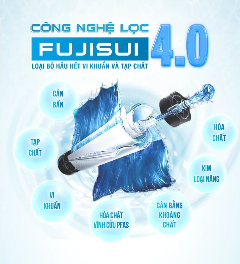 Fuji Smart APT 200 được tích hợp công nghệ lọc Fujisui 4.0 giúp loại bỏ hầu hết các tạp chất, hoá chất vĩnh cữu PFAS nhưng vẫn cân bằng được khoáng chất