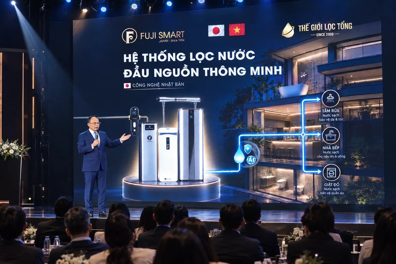 Đại diện Fuji Smart thuyết trình giải pháp lọc nước tổng đầu nguồn ứng dụng AI