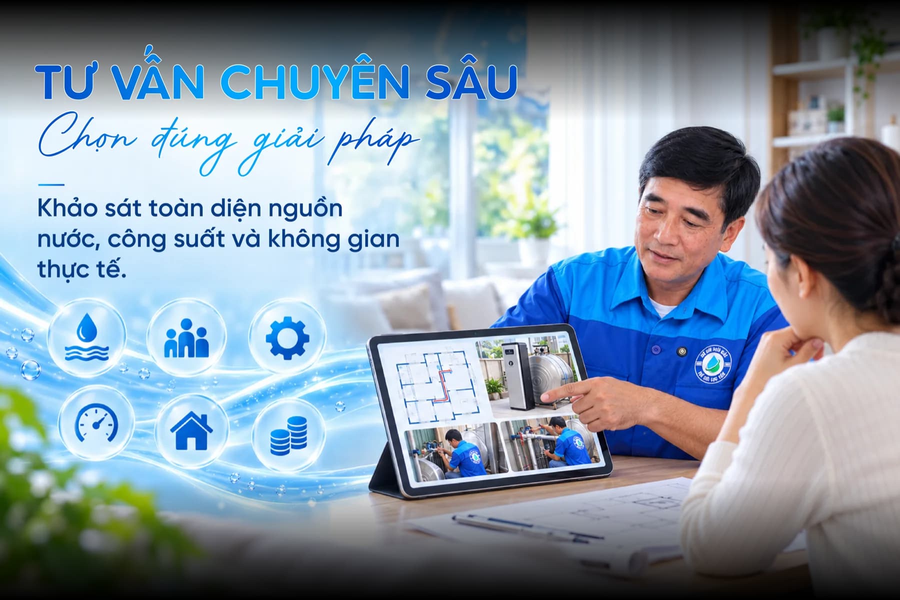 Kỹ thuật viên Thế Giới Lọc Tổng tư vấn giải pháp lọc tổng cho khách hàng trên bản vẽ mặt bằng
