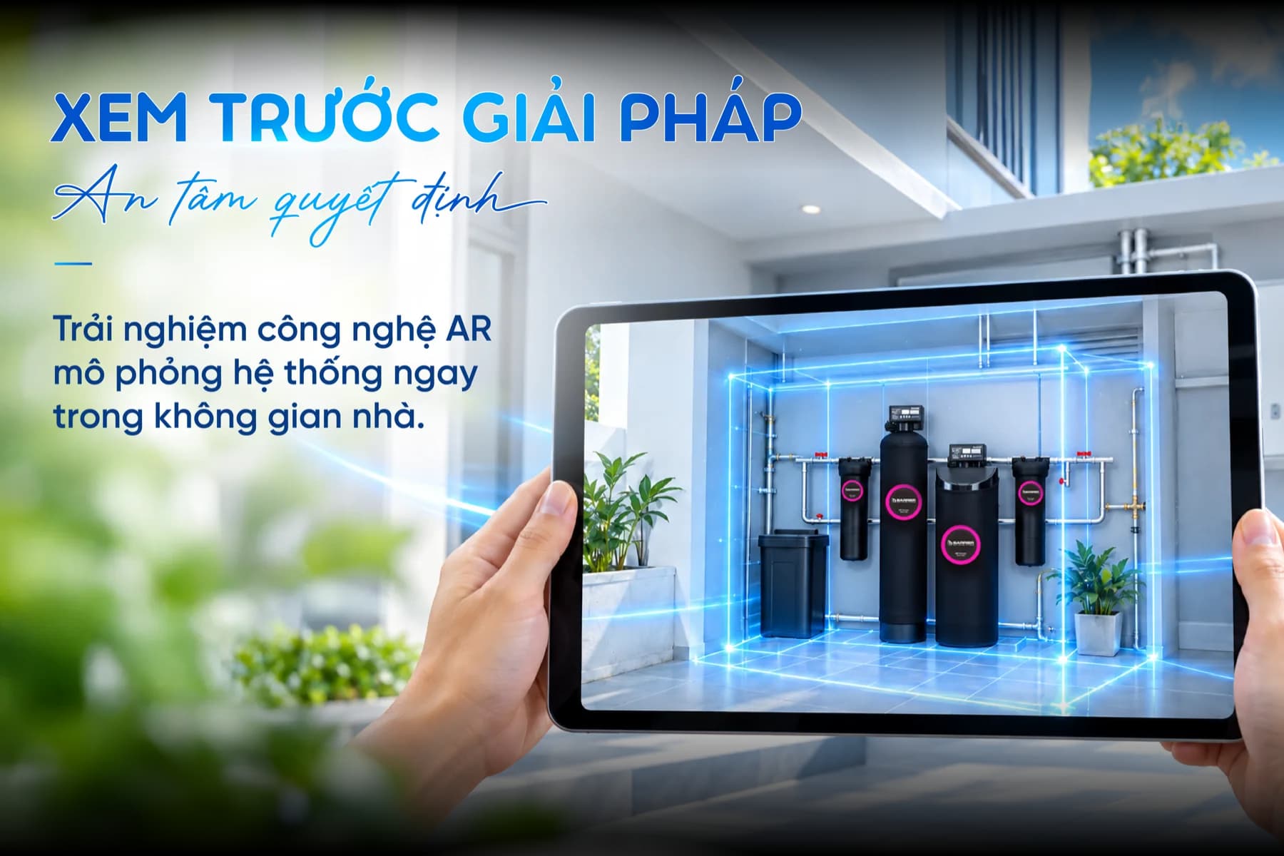 Mô phỏng AR hệ thống lọc tổng hiển thị trong không gian nhà qua màn hình máy tính bảng