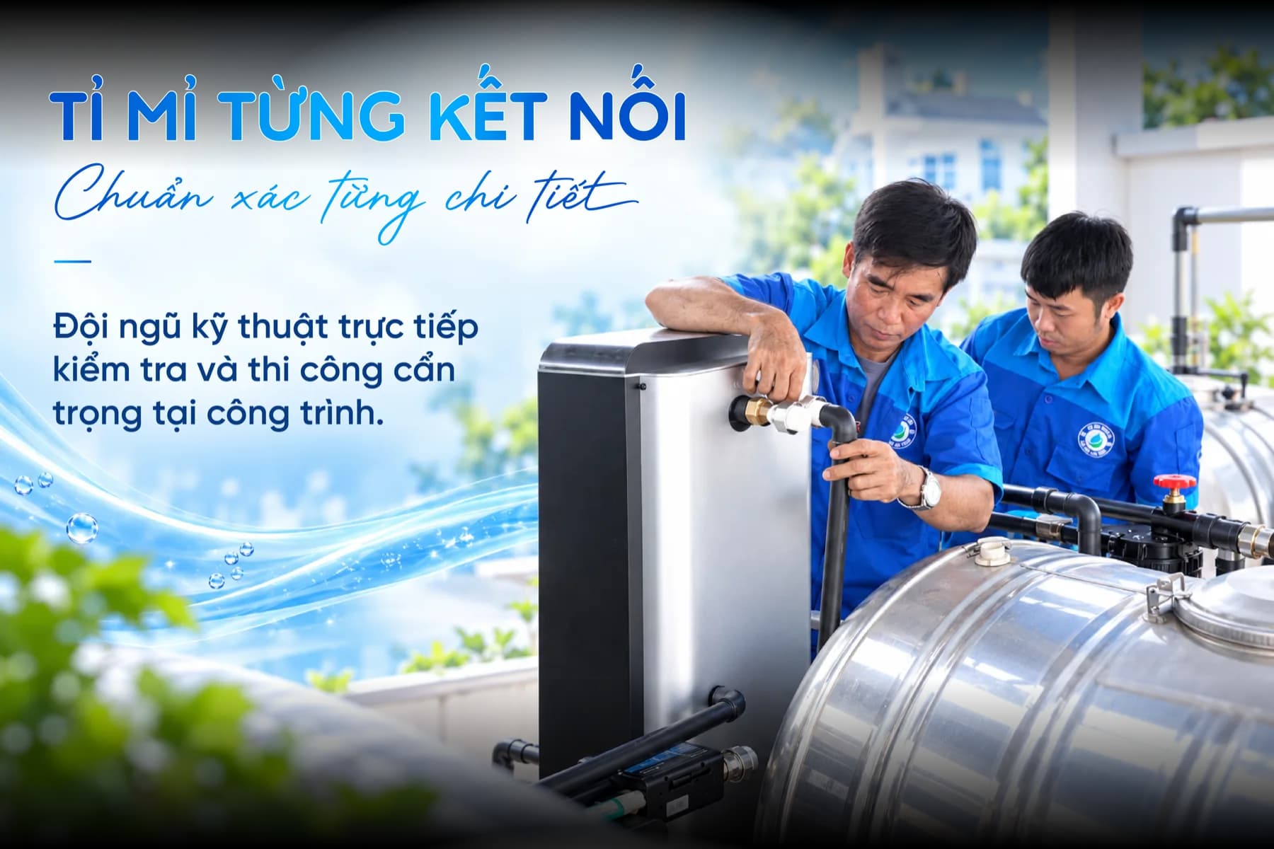 Hai kỹ thuật viên Thế Giới Lọc Tổng lắp đặt đường ống hệ thống lọc tổng tại công trình