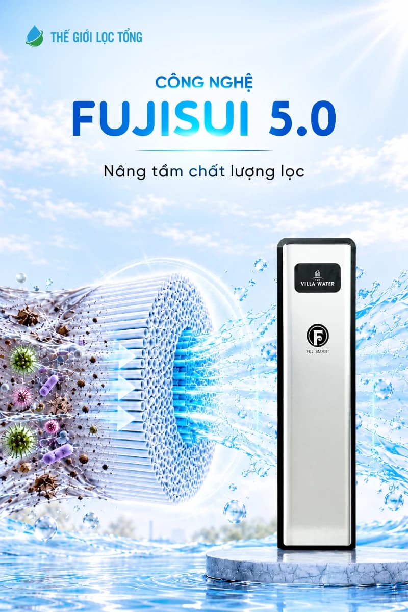 Công nghệ Fujisui 5.0 nâng tầm chất lượng lọc: màng sợi rỗng minh họa cạnh tủ lọc dáng cao Fuji Smart The Villa Water