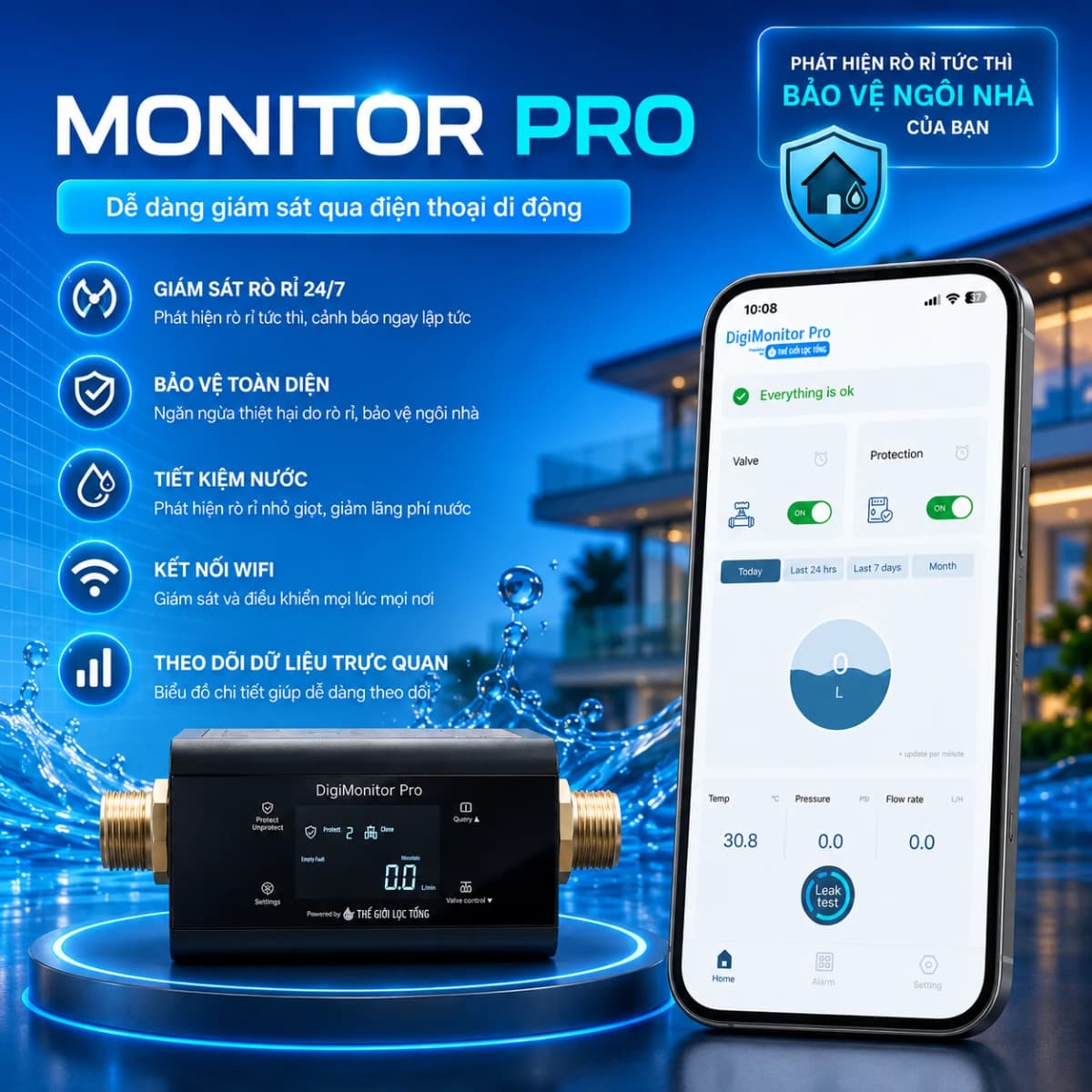 Phát hiện rò rỉ nước toàn nhà với chức năng tự động ngắt nước, bảo vệ ngôi nhà khỏi hư hại do rò rỉ nước