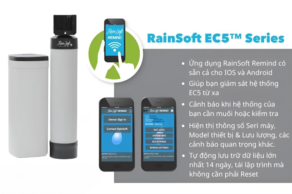 RainSoft EC5 Series – giám sát hệ thống từ xa qua ứng dụng RainSoft Remind