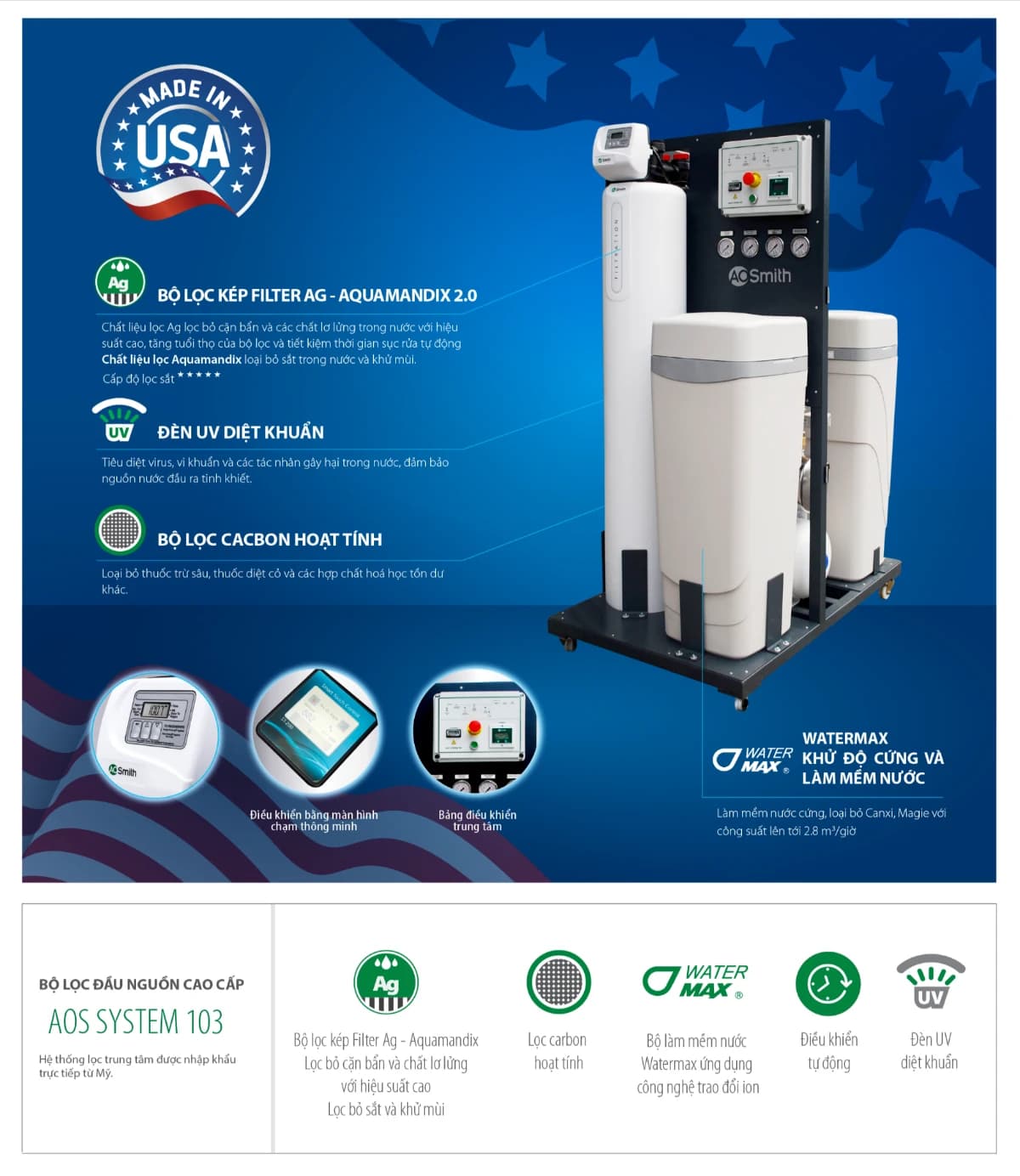 Một số tính năng nổi bật của hệ thống lọc nước đầu nguồn AOS System 103