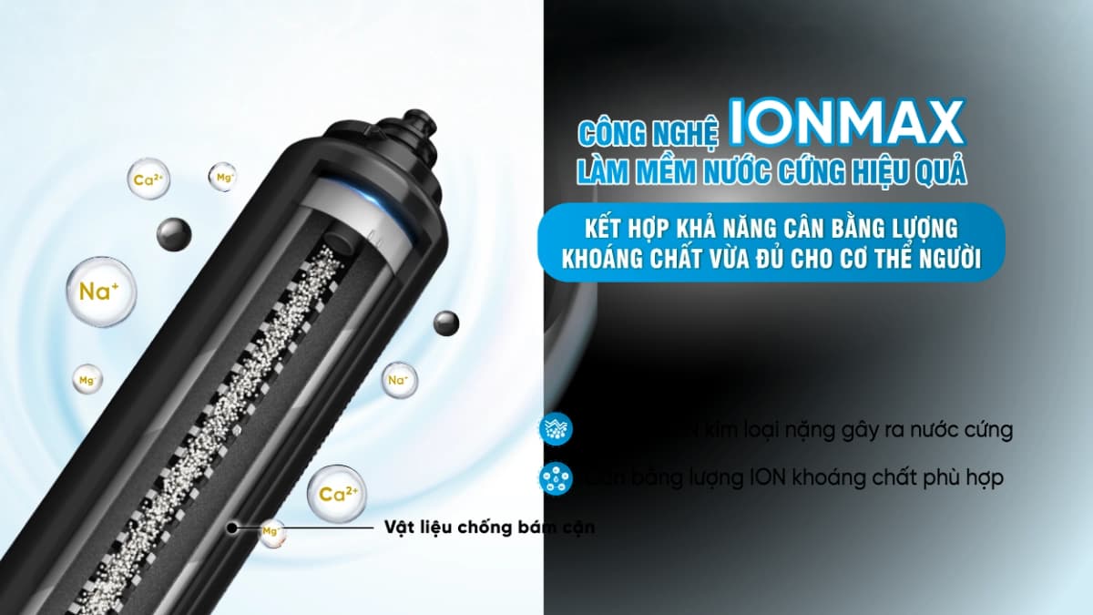Công nghệ IONMAX có trong hệ thống lọc tổng đầu nguồn Fuji Smart APT200 giúp làm mềm nước cứng hiệu quả