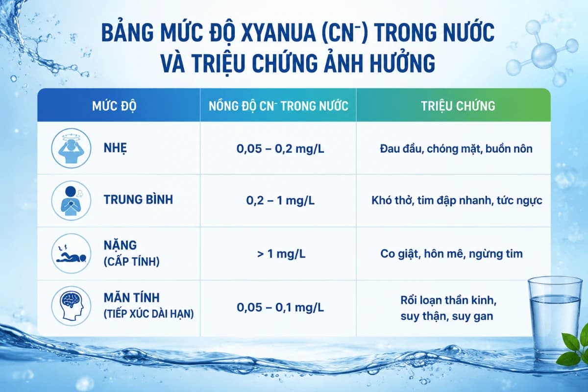 Bảng mức độ Xyanua trong nước và các triệu chứng ảnh hưởng