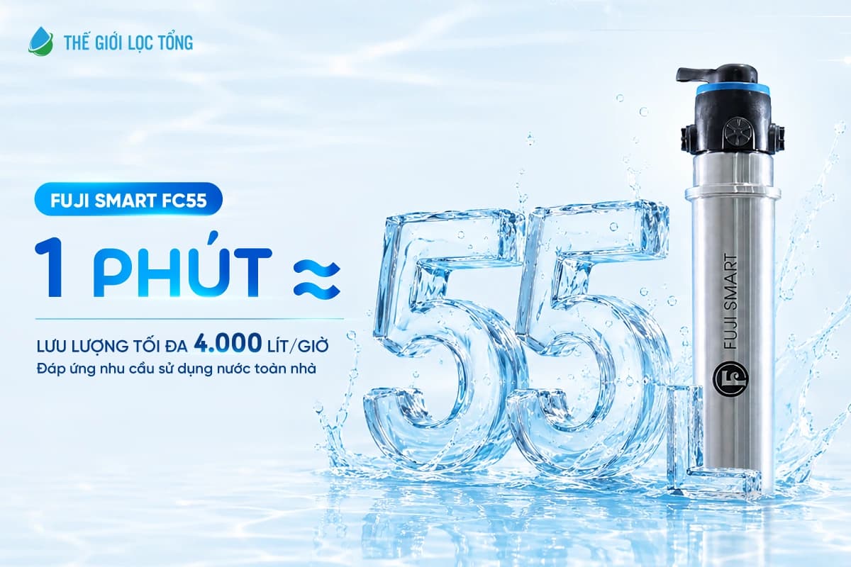 Hệ thống lọc tổng Fuji Smart FC55 sở hữu tốc độ lọc lớn lên đến 4000 lít/giờ (55 lít/phút)