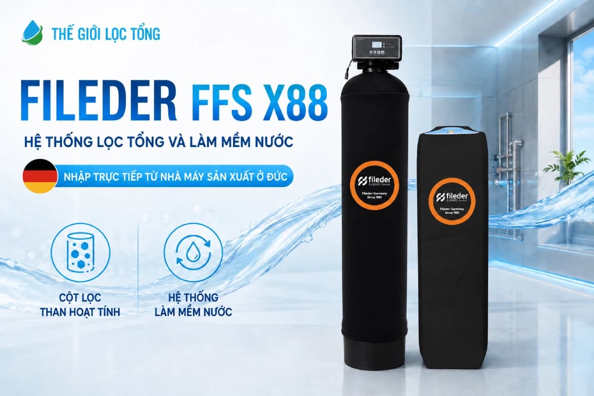 Hệ thống lọc tổng và làm mềm nước Fileder FFS X88 gồm cột lọc và hệ thống làm mềm nước