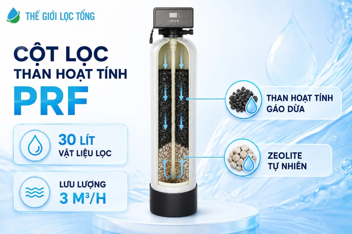 Cột lọc than hoạt tính PRF 30 Fileder sử dụng than hoạt tính gáo dừa và zeolite tự nhiên