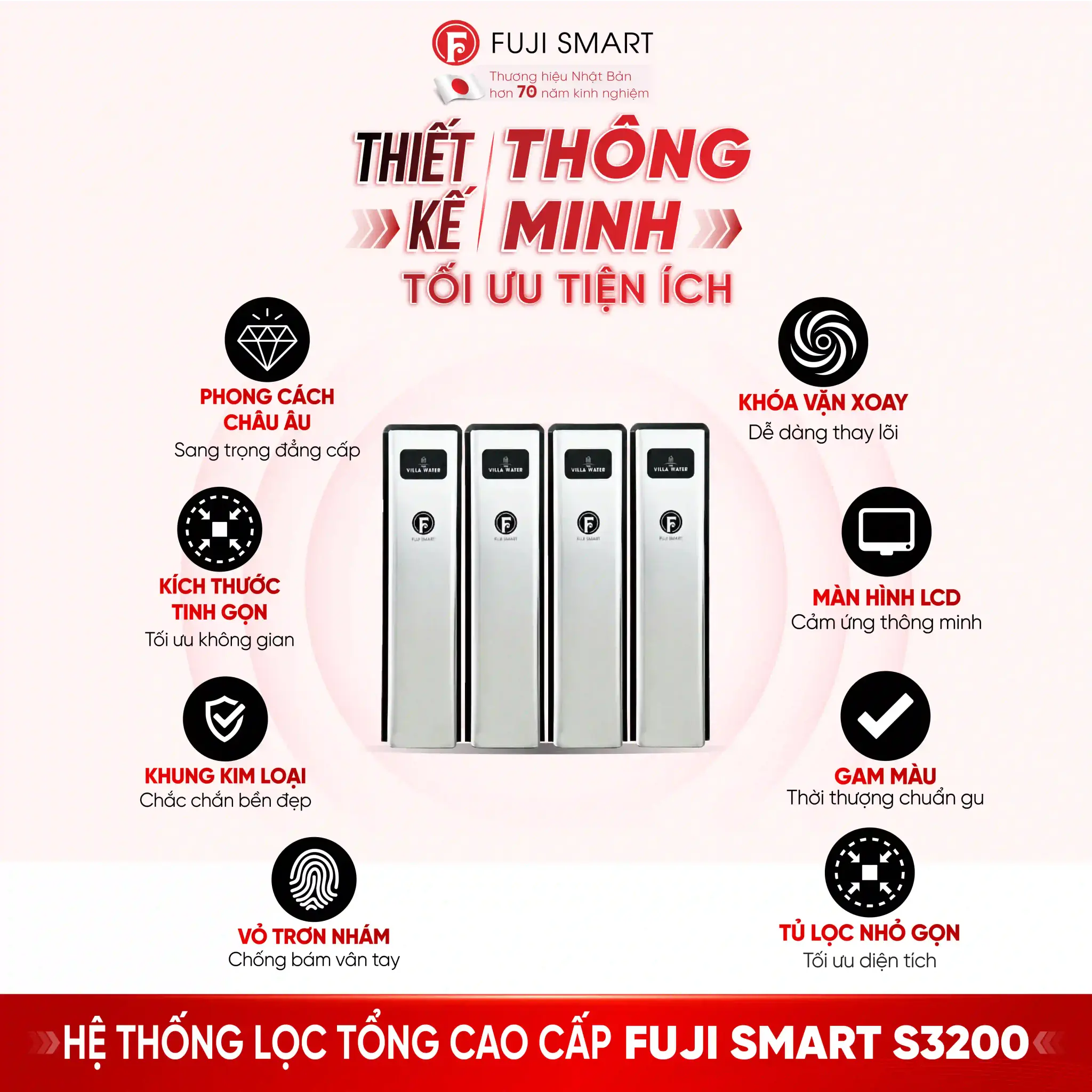 Hệ thống lọc tổng cao cấp Fuji Smart S3200 sở hữu thiết kế phong cách Châu Âu sang trọng, nhỏ gọn