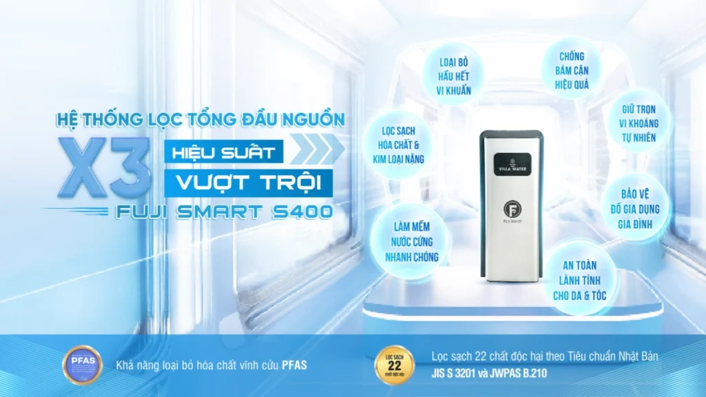 Hệ thống lọc tổng đầu nguồn Fuji Smart S400 được áp dụng công nghệ X3 giúp ngăn chặn sự hình thành và bám dính của cặn trắng và kéo dài tuổi thọ của thiết bị