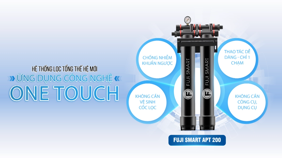 Hệ thống lọc tổng chung cư Fuji Smart APT 200 Hệ thống lọc tổng Fuji Smart APT 200 được ứng dụng công nghệ One-Touch giúp dễ dàng thay thế trụ lọc chỉ với vài thao tác xoay