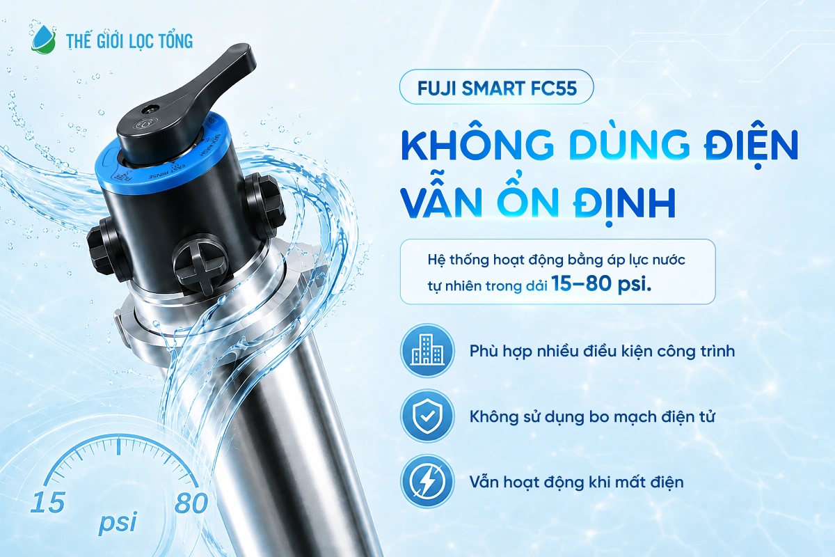 Hệ thống lọc nước đầu nguồn Fuji Smart FC55 11 Hệ thống lọc tổng Fuji Smart FC55 vận hành không cần điện
