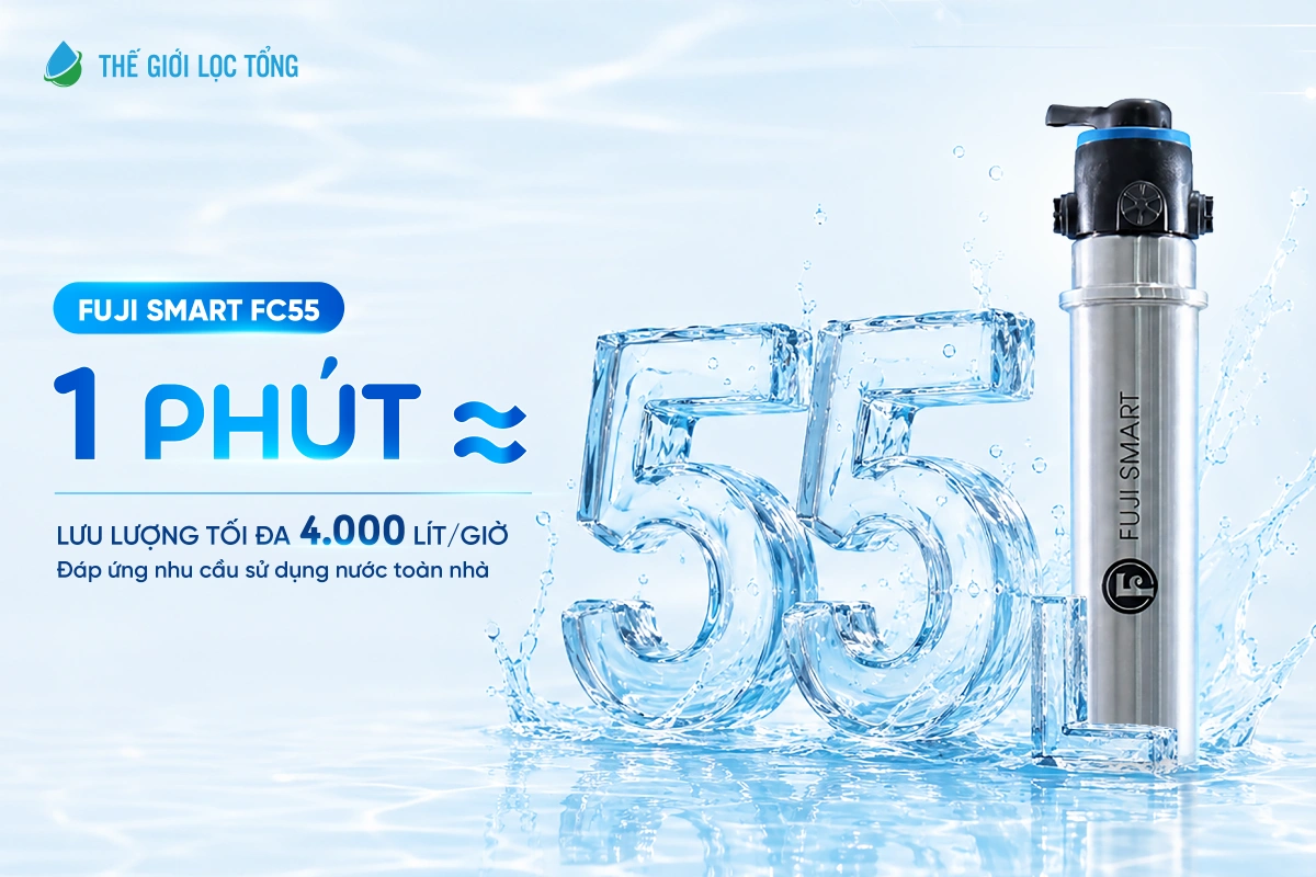 Hệ thống lọc tổng Fuji Smart FC55 sở hữu tốc độ lọc lớn lên đến 4000 lít/giờ (55 lít/phút)