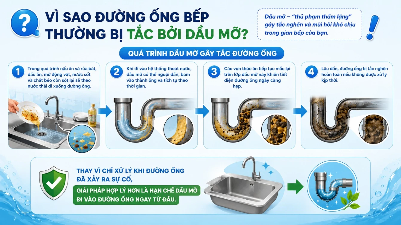 Lý do vì sao đường ống nhà bếp thường bị tắt nghẽn
